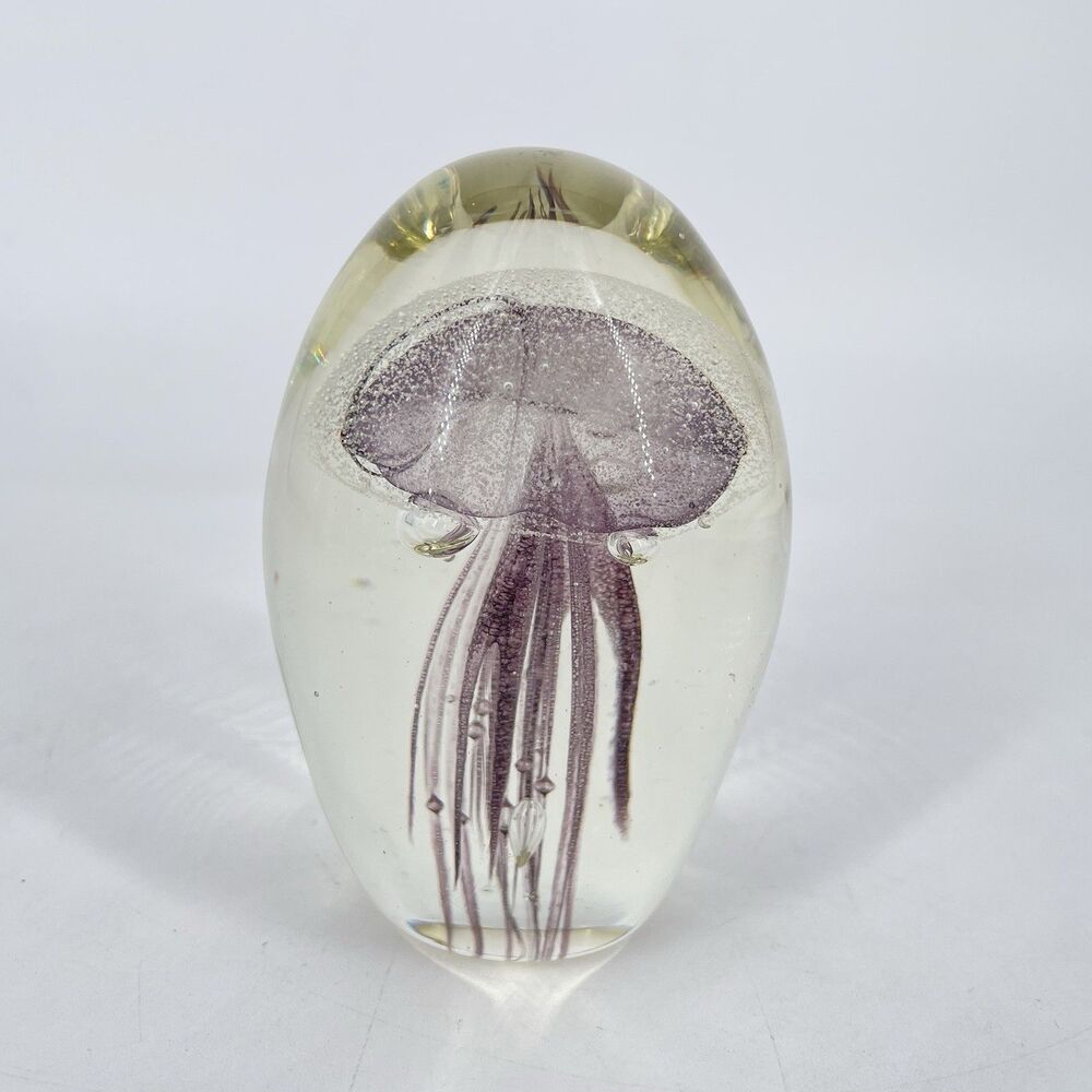 Hand Blown Jellyfish Art Glass Paperweight Purple UV Reactive 3.5”